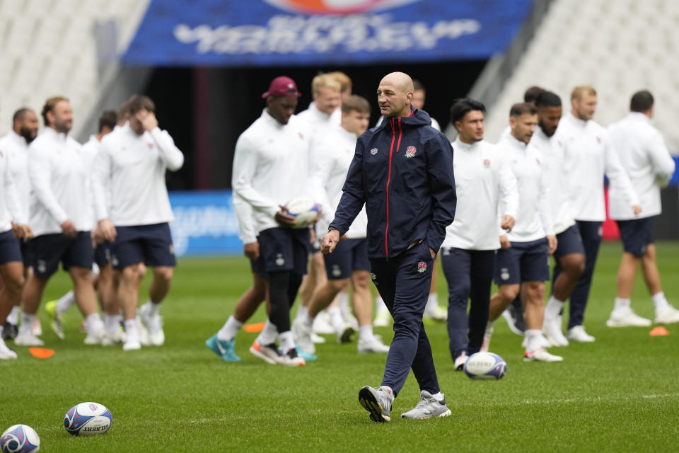 England's head coach Steve Borthwick attends a training session at the Stade de France in Saint-Denis, outside Paris, France, Thursday, Oct. 26, 2023, ahead of their Rugby World Cup Bronze final match against Argentina on Friday. (AP Photo/Pavel Golovkin)