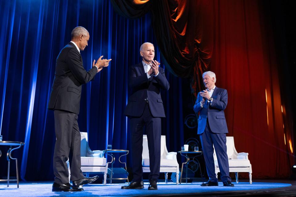 Obama, Biden, and Clinton—all sans necktie—took the stage at Radio City Music Hall for a campaign fundraiser last night.
