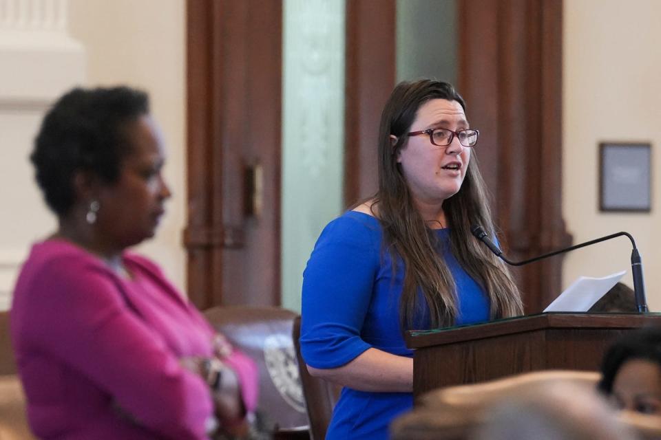 Rep. Erin Zwiener, D-Driftwood, voices her opposition Wednesday to SB 15.