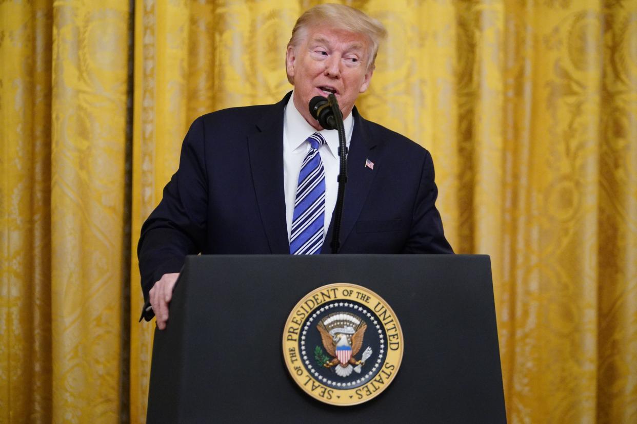 US President Donald Trump speaks in the East Room of the White House in Washington, DC, on April 28, 2020. - Trump spoke about supporting small businesses during the coronavirus pandemic through the Paycheck Protection Program. (Photo by MANDEL NGAN / AFP) (Photo by MANDEL NGAN/AFP via Getty Images)