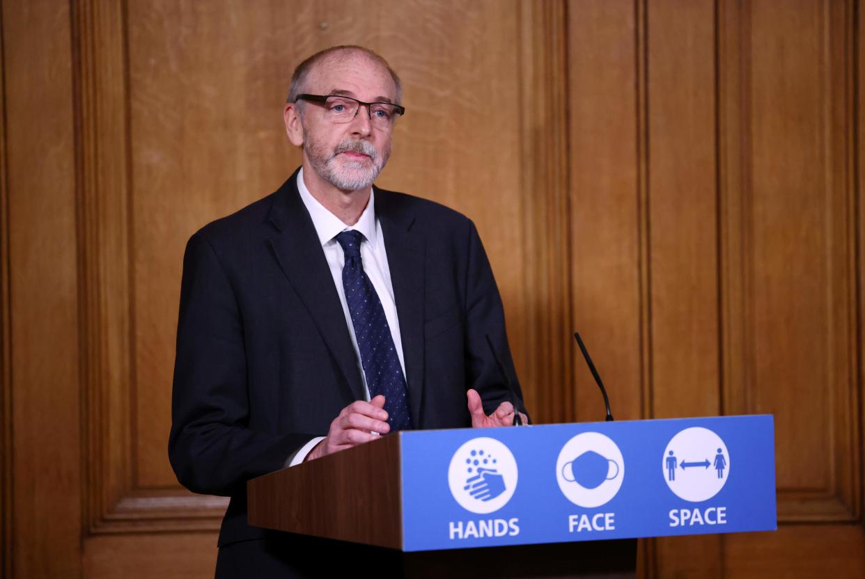 Director of the Oxford Vaccine Group, Andrew Pollard speaks during a virtual press conference inside 10 Downing Street in central London on November 23, 2020. - Britain's Prime Minister Boris Johnson on Monday expressed optimism for an end to coronavirus restrictions as he announced the lifting of measures in England from early next month. 