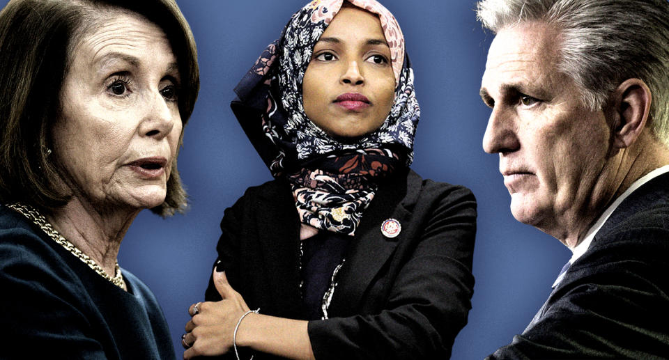 House Speaker Nancy Pelosi, Rep. Ilhan Omar and House Minority Leader Kevin McCarthy. (Photo illustration: Yahoo News; photos: AP)