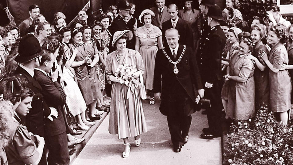 Queen Elizabeth II and Prince Phillip visiting the John G. Hardy mill in 1950, two years before her coronation. - Credit: Huddersfield Fine Worsteds