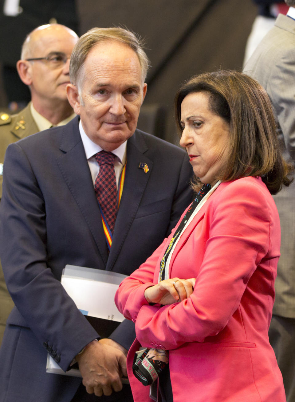 Spanish Defense Minister Margarita Robles, right, attends a meeting of NATO defense ministers at NATO headquarters in Brussels, Wednesday, June 26, 2019. (AP Photo/Virginia Mayo)