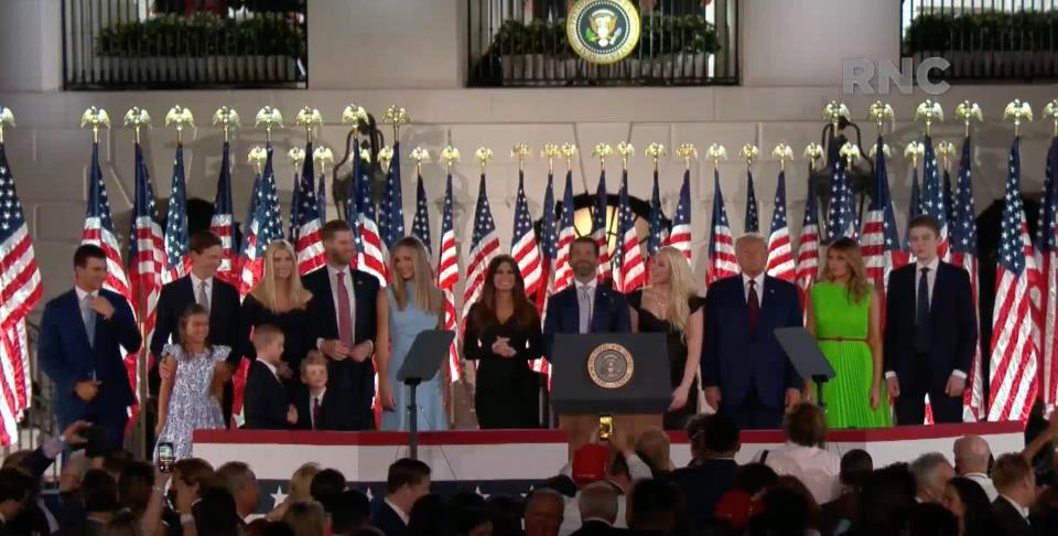 President Donald Trump stands with family members after speaking during the Republican National Convention at the White House in Washington, D.C.