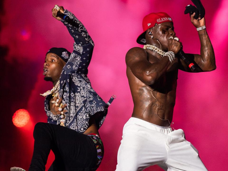 Tory Lanez and DaBaby performing onstage at Rolling Loud in Miami 2021