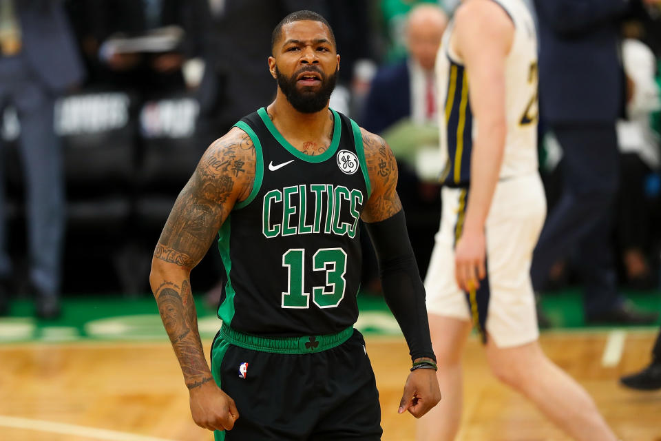 BOSTON, MA - APRIL 14:  Marcus Morris #13 of the Boston Celtics reacts during Game One of the first round of the 2019 NBA Eastern Conference Playoffs against the Indiana Pacers at TD Garden on April 14, 2019 in Boston, Massachusetts. NOTE TO USER: User expressly acknowledges and agrees that, by downloading and or using this photograph, User is consenting to the terms and conditions of the Getty Images License Agreement. (Photo by Adam Glanzman/Getty Images)