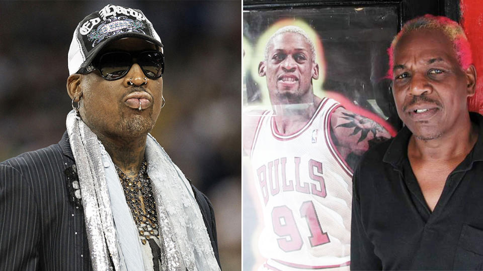 Philander Rodman (pictured right) posing with a photo of his son and Chicago Bulls legend Dennis Rodman (pictured left).