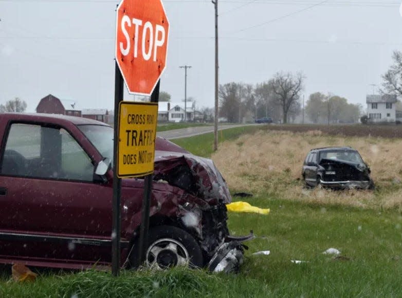 Damage to the two vehicles on April 2, 2021, at Copeland and Fremont Roads.