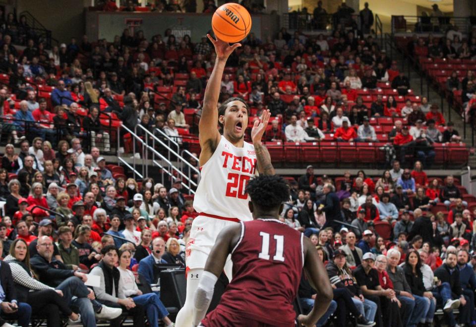 Texas Tech's Jaylon Tyson passes up court during a non-conference men's basketball game on Tuesday, December 27, 2022 in United Supermarkets Arena.