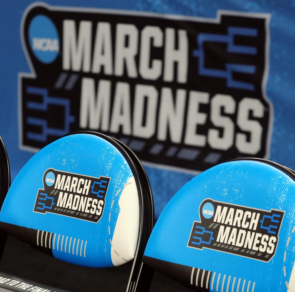 The March Madness logo is pictured Wednesday in PPG Paints Arena in Pittsburgh, Pennsylvania.