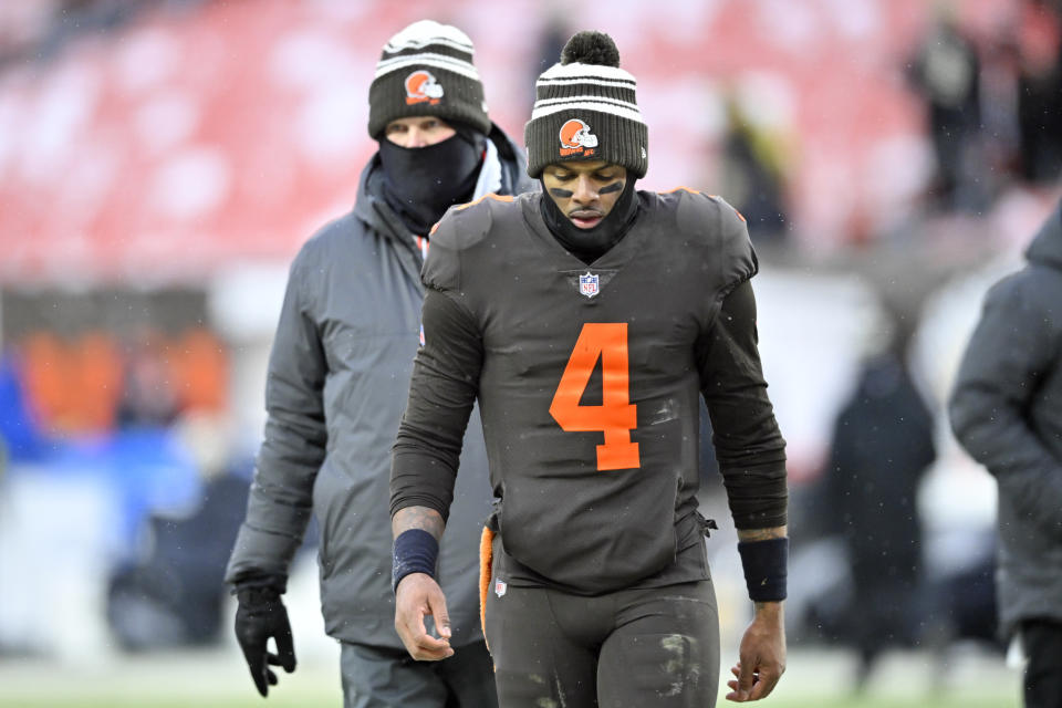 Cleveland Browns quarterback Deshaun Watson walks off the field after losing to the New Orleans Saints, 17-10, in an NFL football game, Saturday, Dec. 24, 2022, in Cleveland. (AP Photo/David Richard)