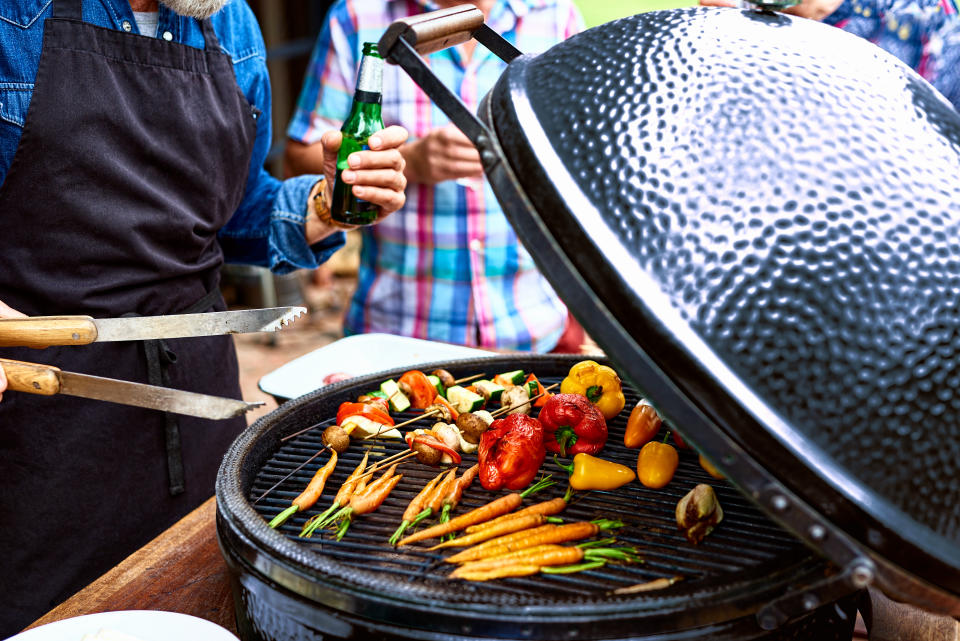 Fresh vegetables grilling on barbecue for social gathering, healthy living, vegetarian, fresh