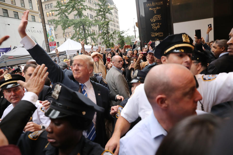 Donald Trump greets supporters outside Trump Tower on Oct. 8, 2016. (Photo: Spencer Platt/Getty Images)