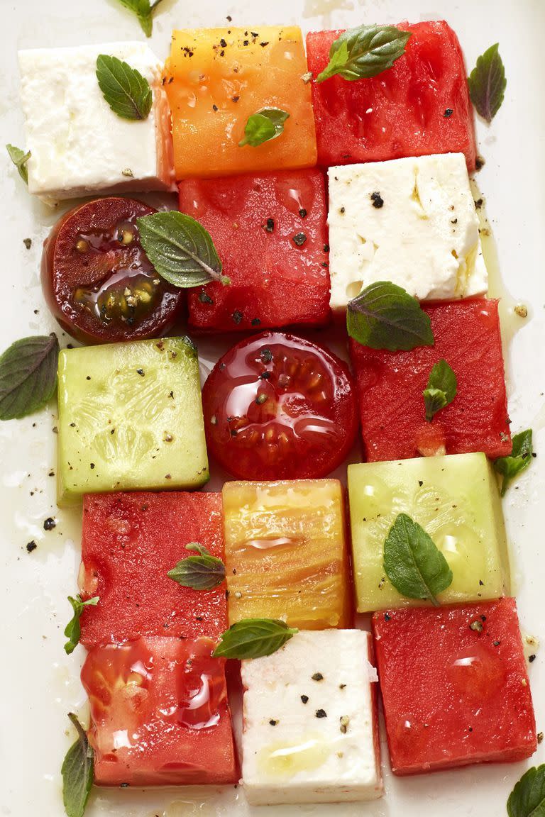 <p>Summer's ultimate trio — melon, tomato and feta — taste even better when paired together. See for yourself. </p><p><em><a href="https://www.goodhousekeeping.com/food-recipes/easy/a22577331/melon-mosaic-recipe/" rel="nofollow noopener" target="_blank" data-ylk="slk:Get the recipe for Melon Mosaic »;elm:context_link;itc:0;sec:content-canvas" class="link ">Get the recipe for Melon Mosaic »</a></em></p>