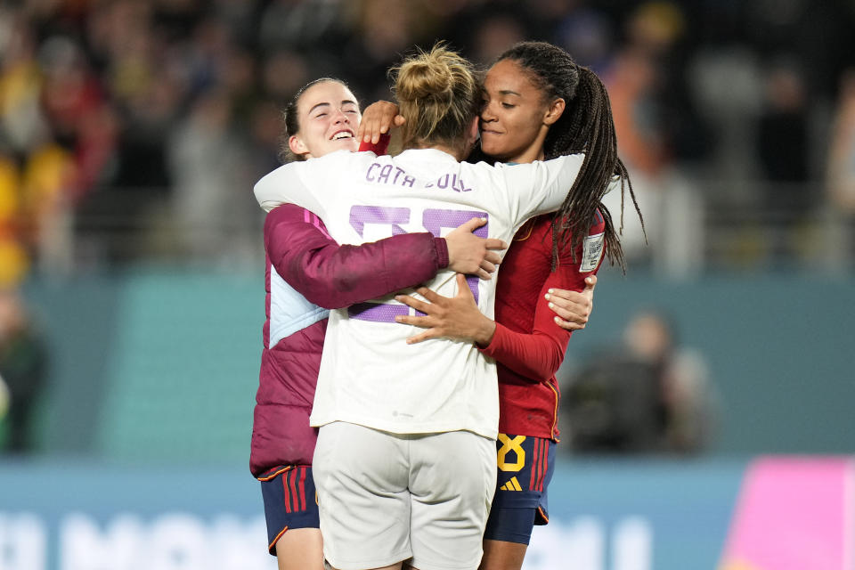 Spain's goalkeeper Cata Coll is celebrated after winning the Women's World Cup semifinal soccer match between Sweden and Spain at Eden Park in Auckland, New Zealand, Tuesday, Aug. 15, 2023. (AP Photo/Alessandra Tarantino)
