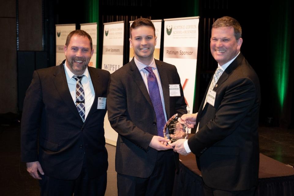 Pictured from left: Kyle Bryntesen, community outreach officer at Shoreline Hometown Credit union; Nathan Grossenbach, president and CEO of Shoreline Hometown Credit Union; and Mathew Dornbush, dean of the Cofrin School of Business at University of Wisconsin-Green Bay.