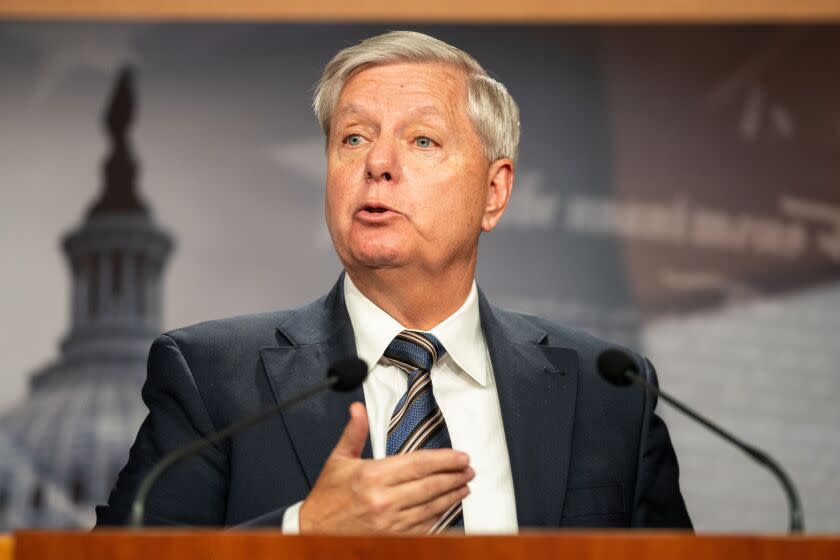 WASHINGTON, DC - MARCH 05: Sen. Lindsey Graham (R-SC) speaks at a press conference on Capitol Hill on Friday, March 5, 2021 in Washington, DC. The Senate finally took up the $1.9 trillion Covid relief package and continues to debate it. (Kent Nishimura / Los Angeles Times)
