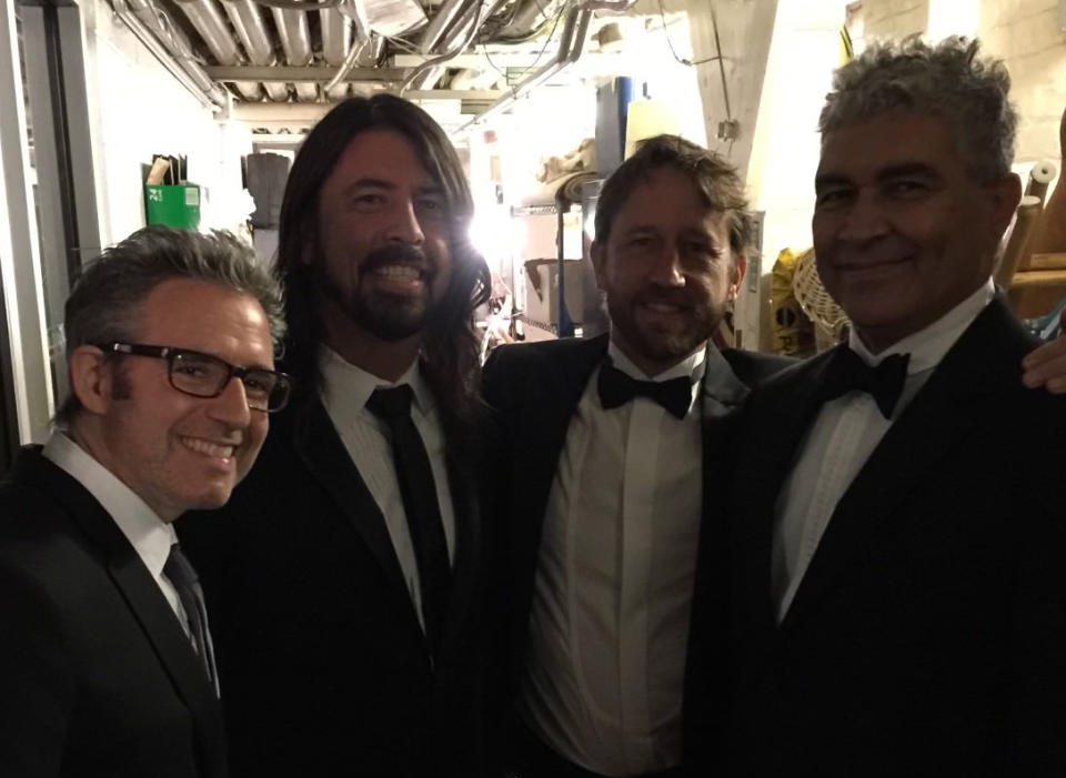 L-R: Martin with Foo Fighters’ Dave Grohl, Chris Shiflett and Pat Smear (Photo courtesy Steve Martin)