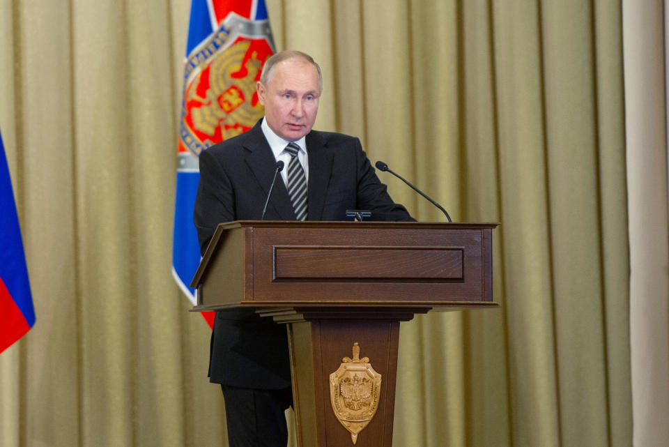 Russian President Vladimir Putin speaks during a meeting of the Federal Security Service (FSB) board in Moscow, Russia, on Wednesday, Feb. 24, 2021. (Alexei Druzhinin, Sputnik, Kremlin Pool Photo via AP)