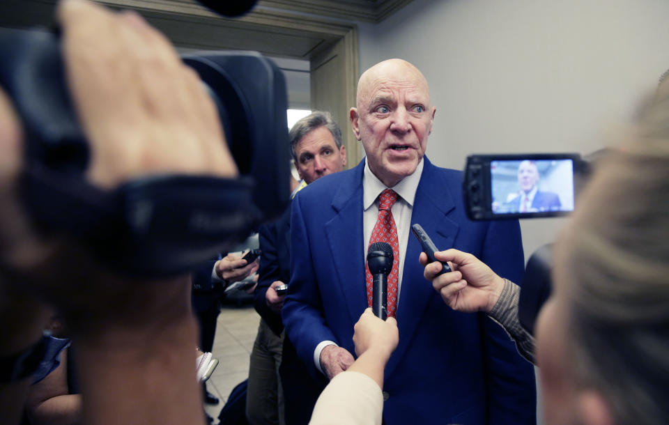 Houston Texans owner Bob McNair speaks to reporters after the NFL football owners meeting in Irving, Texas, Wednesday, Dec. 14, 2016. (AP Photo/LM Otero)