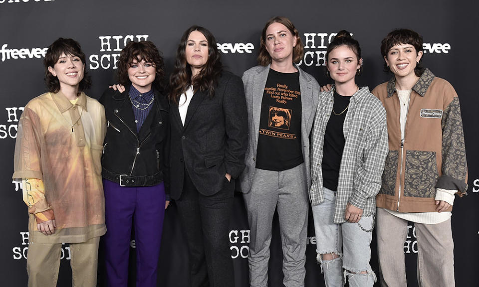 (L-R) Sara Quin, Railey Gilliland, Clea DuVall, Laura Kittrell, Seazynn Gilliland, and Tegan Quin attend Amazon Freevee's High School House Party at No Vacancy on October 13, 2022 in Los Angeles, California.