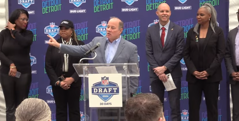 Detroit Mayor Mike Duggan speaks at a news conference on March 26 about the NFL Draft, set to happen in Detroit from April 25-27.