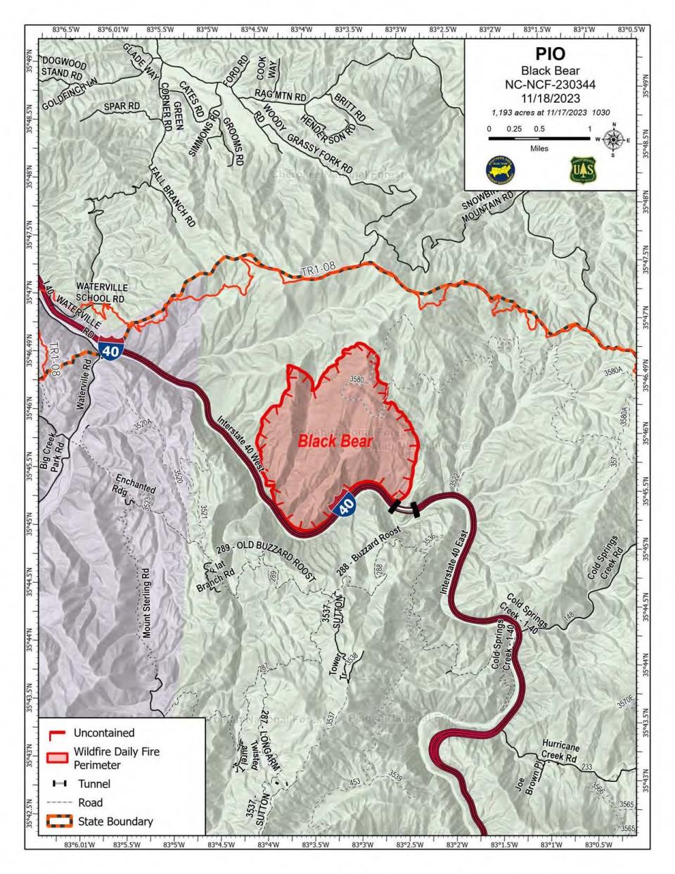 The map depicts the location of a 1,193-acre wildfire burning in the Pisgah National Forest Nov. 18, according to the U.S. Forest Service