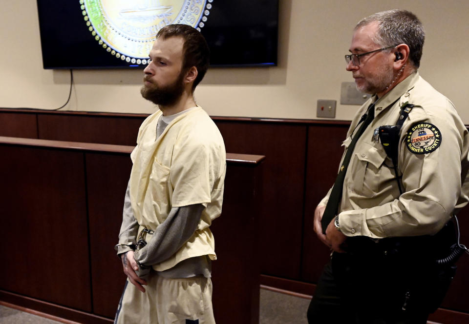 Michael Cummins arrives for his court hearing at the Sumner County Justice Center on Wednesday, Aug. 16, 2023, in Gallatin Tenn. Cummins who killed eight people in rural Westmoreland over several days in April 2019, has pleaded guilty to eight counts of first-degree murder in exchange for a sentence of life without parole. (Mark Zaleski/The Tennessean via AP, Pool)