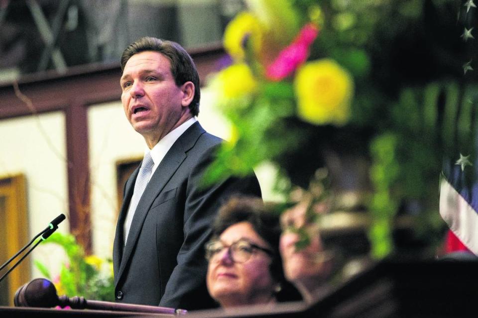 Gov. Ron DeSantis gives his State of the State Address during the Joint Session in the House of Representatives on the opening day of the 2023 Legislative Session, Tuesday, March 7, 2023.