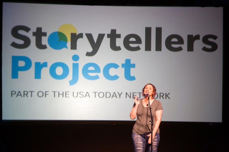 Aymi Paradise-Flores performs at the "Growing Up" themed Storytellers event at Hoyt Sherman Place in Des Moines, Tuesday, April 26, 2022.