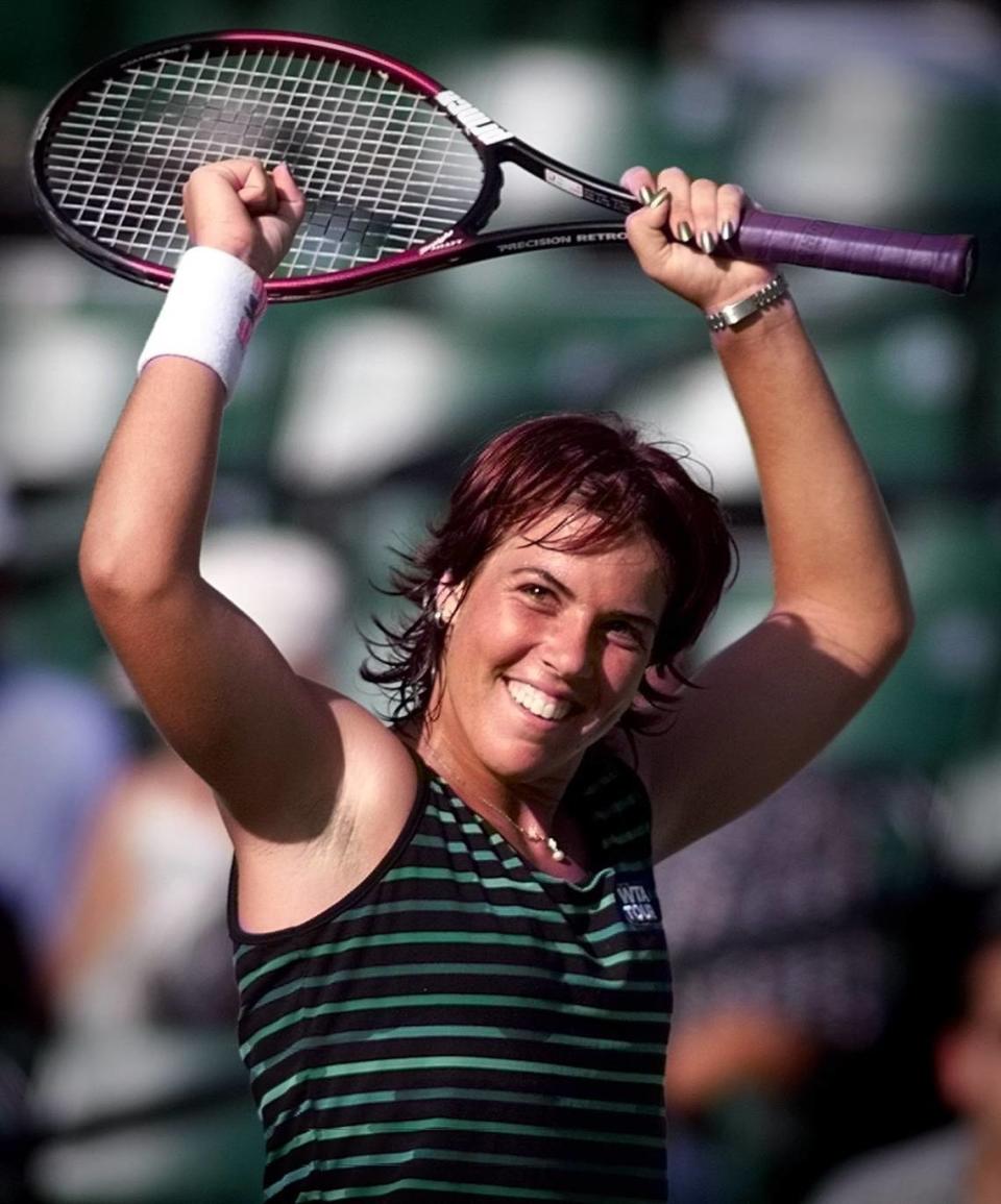 In 1999 at the Lipton, Jennifer Capriati celebrates after defeating Silvija Talaja in straight sets.