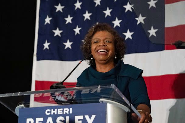 PHOTO: FILE - Democratic Senate candidate Cheri Beasley speaks to supporters at her election night party, Nov. 8, 2022 in Raleigh, NC. (Allison Joyce/Getty Images, FILE)