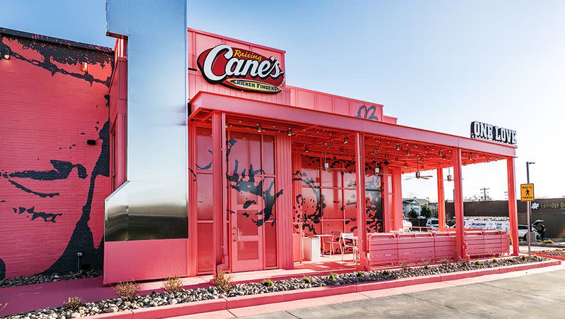 The Raising Cane’s restaurant, personally designed by Post Malone and located at 890 Fort Union Blvd. in Midvale, is pictured in this handout photo released to the media Tuesday, April 11, 2023. The official ribbon-cutting is scheduled for Thursday with Raising Cane’s founder Todd Graves and also Post Malone.