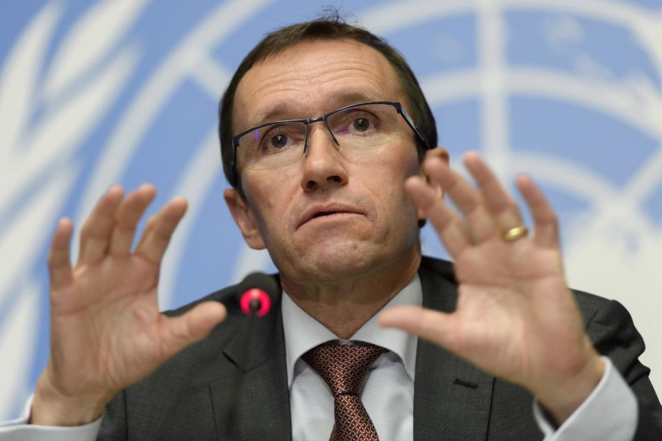 United Nations Special Advisor for Cyprus Espen Barth Eide speaks about the Cyprus peace talks during a news conference at the European headquarters of the United Nations in Geneva, Switzerland, Friday, Jan. 13, 2017. (Martial Trezzini/Keystone via AP)