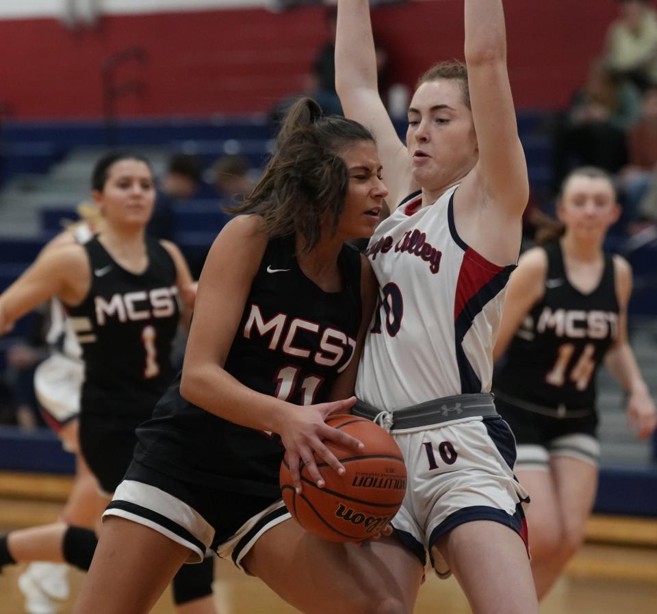 Cortni Vnencak of Morris Tech tries to get past Colleen Yanavok of Lenape Valley in the first half as Morris Tech defeated Lenape Valley 63-48 in a NJAC-Colonial girls basketball game played in Stanhope, NJ on January 19, 2023.