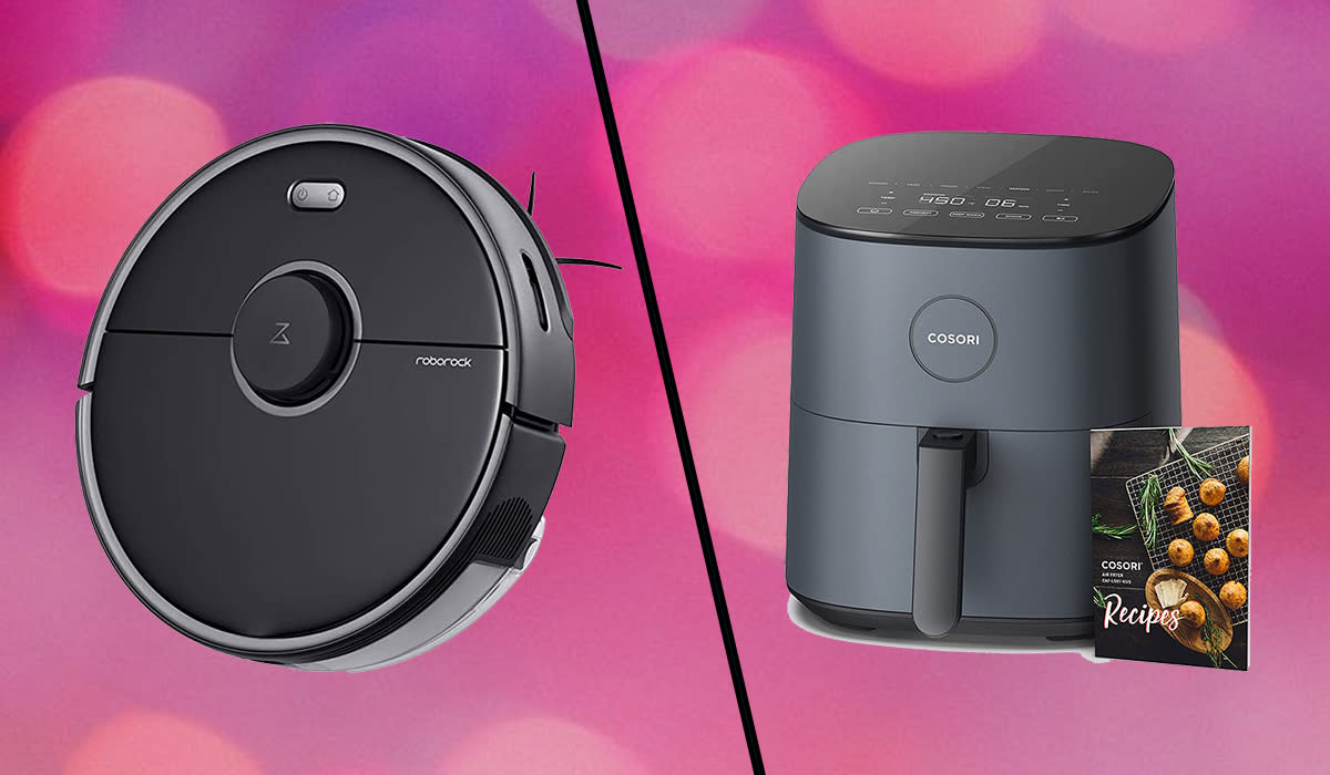 A robot vacuum next to an air fryer