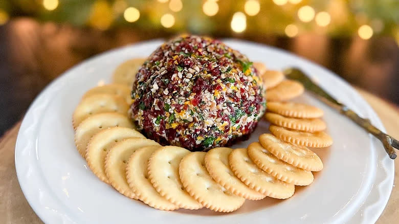 Cranberry and orange zest cheese ball and crackers