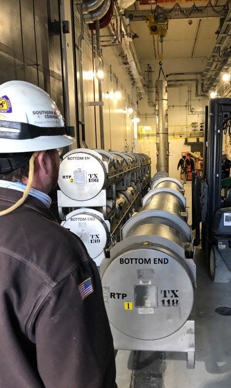 FILE - Plant Vogtle receives a nuclear fuel shipment. Georgia Power said that fuel loading began at Plant Vogtle's Unit 3 reactor near Waynesboro started on Friday, Oct. 14, 2022.