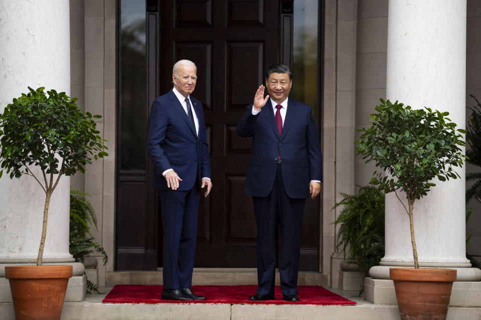 President Joe Biden greets China's President President Xi Jinping at the Filoli Estate in Woodside, Calif., Wednesday, Nov, 15, 2023, on the sidelines of the Asia-Pacific Economic Cooperative conference. (Doug Mills/The New York Times via AP, Pool)