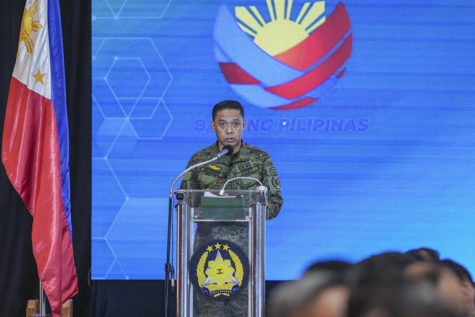 In this handout photo provided by the Malacanang Presidential Communications Office, Philippine military chief Gen. Romeo Brawner Jr. talks during a conference at Camp Aguinaldo military headquarters in Quezon City, Philippines on Thursday July 4, 2024. Philippine forces would defend themselves with "the same level of force" if they come under assault again from China's coast guard in the disputed South China Sea where Chinese personnel armed with machetes and spears injured Filipino navy men and damaged two of their boats in a chaotic faceoff last month, the Philippine military chief warned Thursday. (Malacanang Presidential Communications Office via AP)