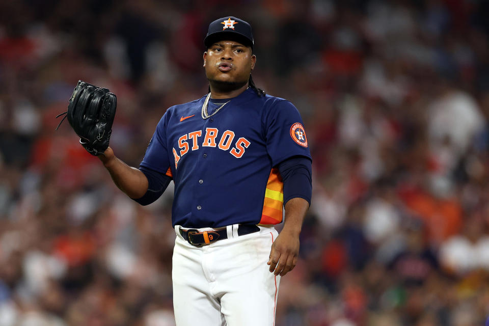 HOUSTON, TEXAS - OCTOBER 29: Framber Valdez #59 of the Houston Astros reacts after a play in the seventh inning against the Philadelphia Phillies in Game Two of the 2022 World Series at Minute Maid Park on October 29, 2022 in Houston, Texas. (Photo by Sean M. Haffey/Getty Images)