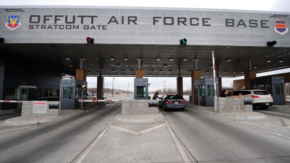 Shown is the StratCom Gate at Offutt Air Force Base in Nebraska. These are the kinds of entrances researchers will study hardening against electric vehicles. (Courtesy of Offutt Air Force Base, via Facebook)