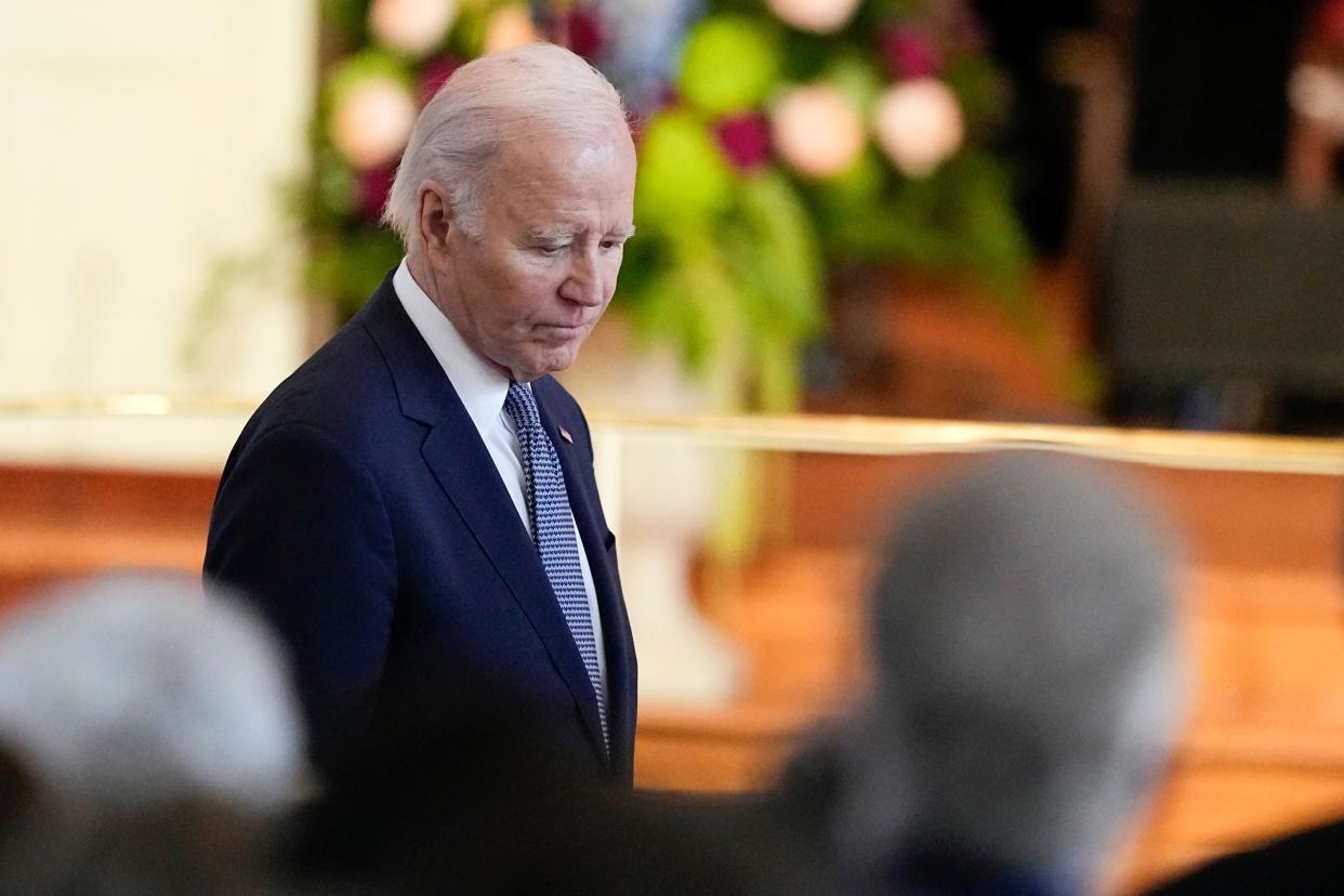 President Joe Biden arrives before a tribute service for former first lady Rosalynn Carter at Glenn Memorial Church at Emory University on Tuesday, Nov. 28, 2023, in Atlanta. (AP Photo/Brynn Anderson, Pool)