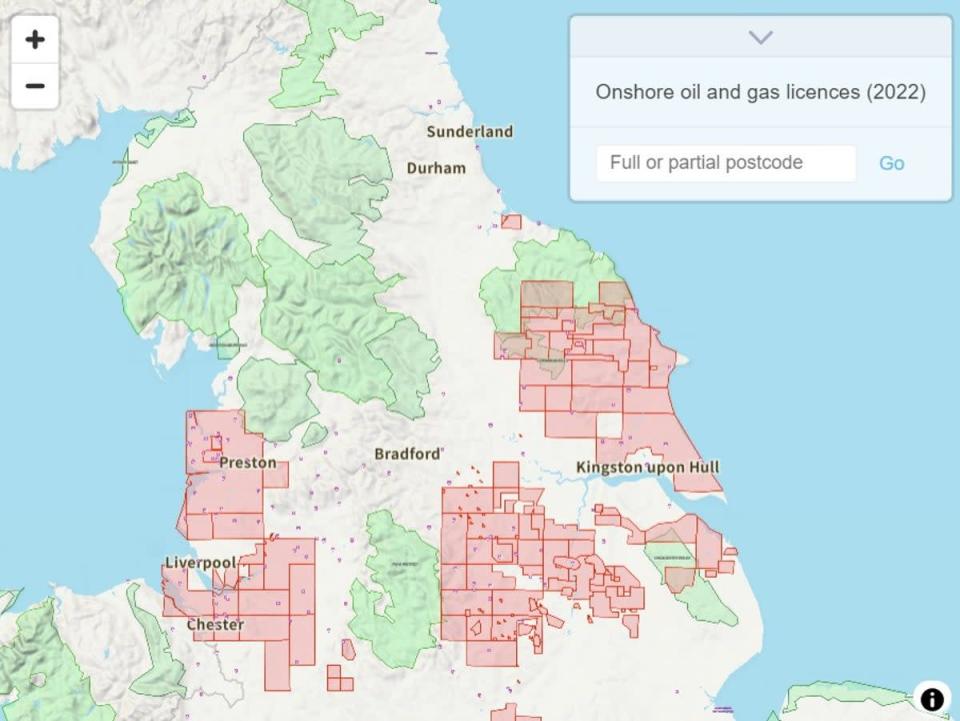 The map allows people to enter their postcode to see if their area is covered by an onshore oil and gas licence (Friends of the Earth)