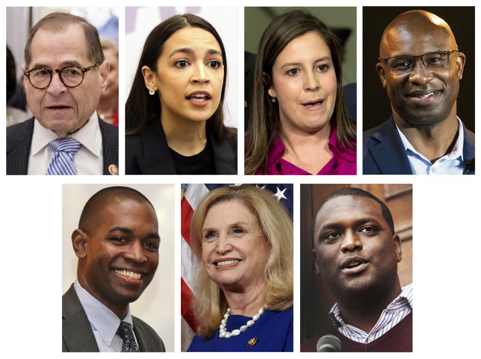 This combo of file photos show New York's U.S. Representatives, top row from left, Jerrold Nadler, D-N.Y. Alexandria Ocasio-Cortez, D-NY; U.S. Rep. Elise Stefanik, R-NY; and U.S. Rep. Jamaal Bowman, D-NY. Bottom row, from left, U.S. Rep. Antonio Delgado, D-NY; U.S. Rep. Carolyn Maloney, D-NY; and U.S. Rep. Mondaire Jones, D-NY. Multiple members of New York's congressional delegation on Friday, March 12, 2021, called on Gov. Andrew Cuomo to resign in the wake of mounting allegations of sexual harassment and an allegation of groping, as well as scrutiny over his administration's reporting of COVID-19 deaths among nursing home residents. (AP Photo/File)