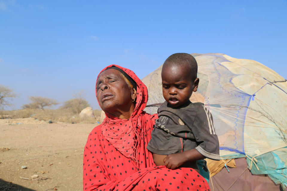 Women and children uprooted by the drought have built makeshift houses on the outskirts of Baidoa.