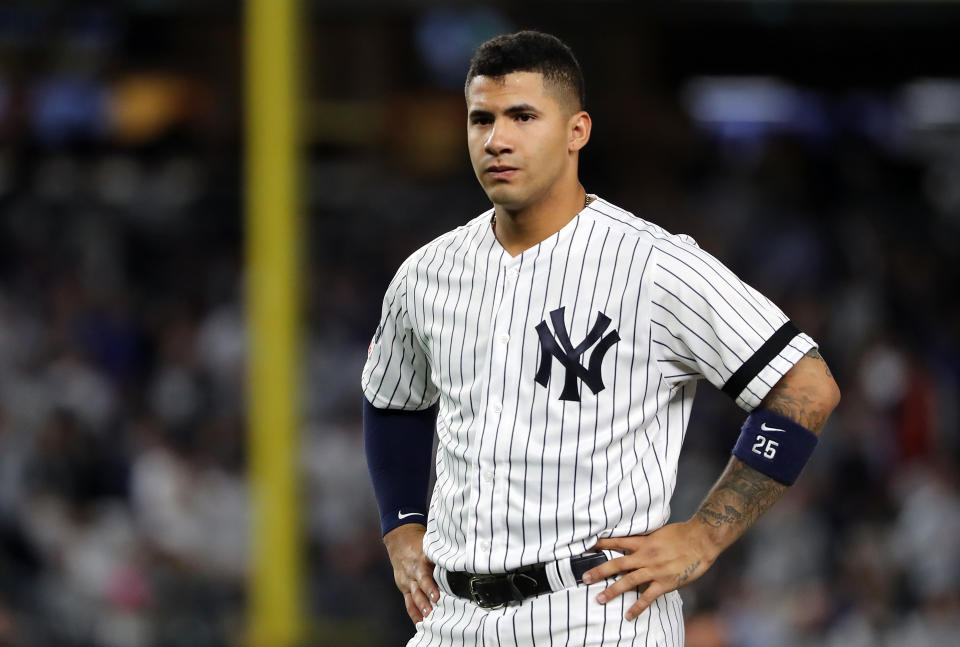 NEW YORK, NEW YORK - OCTOBER 15: Gleyber Torres #25 of the New York Yankees reacts during the fifth inning against the Houston Astros in game three of the American League Championship Series at Yankee Stadium on October 15, 2019 in New York City. (Photo by Elsa/Getty Images)