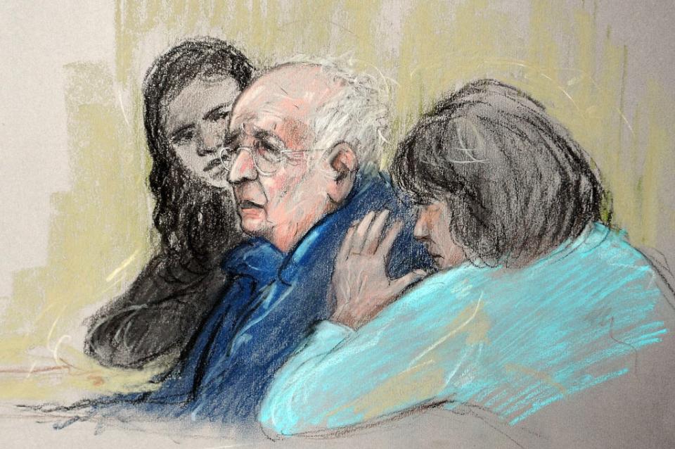 Court artist sketch by Elizabeth Cook of Lord Janner appearing at Westminster Magistrates’ Court (Elizabeth Cook/PA) (PA Archive)