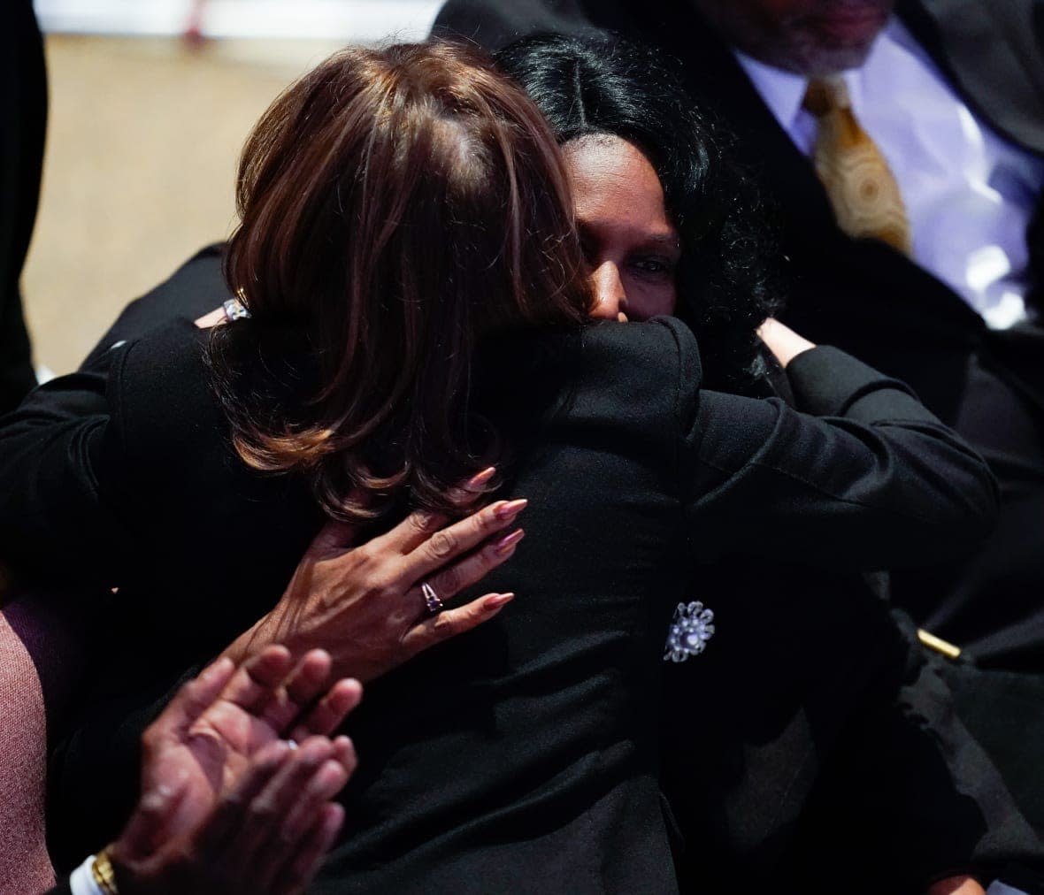 Vice President Kamala Harris hugs RowVaughn Wells on Feb. 1, 2023 during the funeral service for Wells’ son Tyre Nichols at the Mississippi Boulevard Christian Church in Memphis, Tennessee. (Photo by Andrew Nelles-Pool/Getty Images)